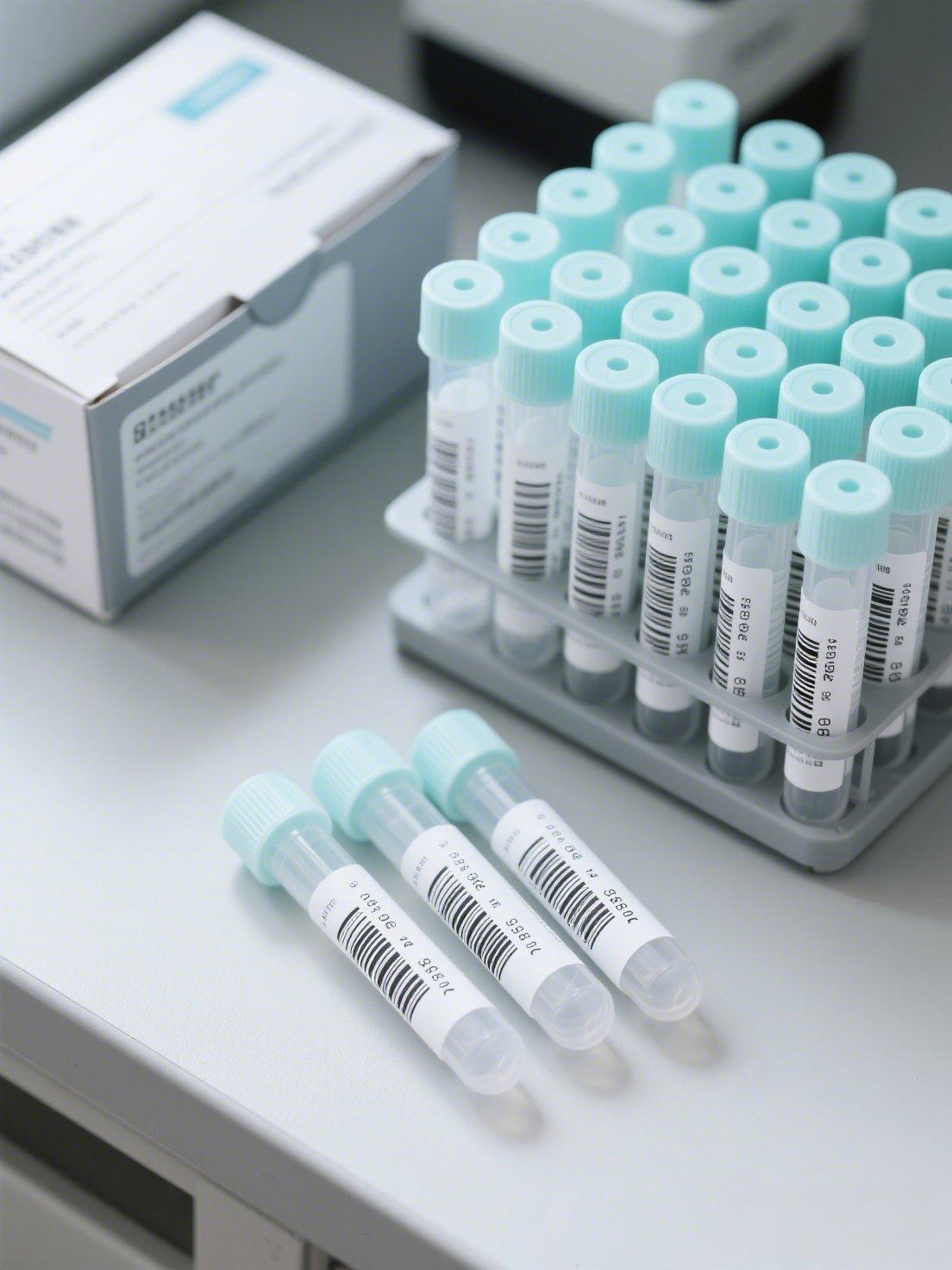 前景擺放著藥盒側(cè)面灰白色醫(yī)療級紙質(zhì)標(biāo)，兩支試制擺放在桌子上。背景為實驗室試管架，完整顯示試管架上擺滿了20多支塑料試管，